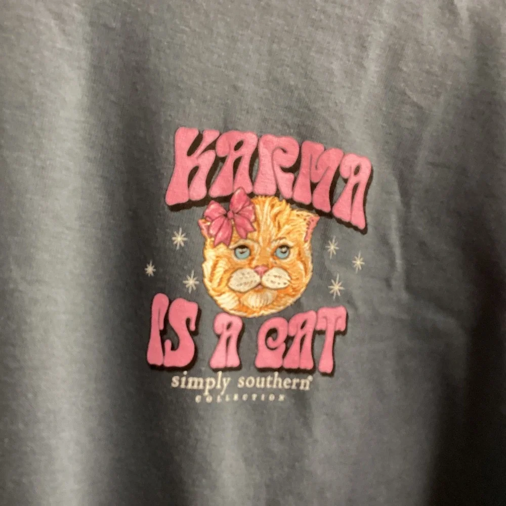 Simply Southern Karma Is A Cat Graphic Long Sleeve T-Shirt Women's‎ S Dusty Blue